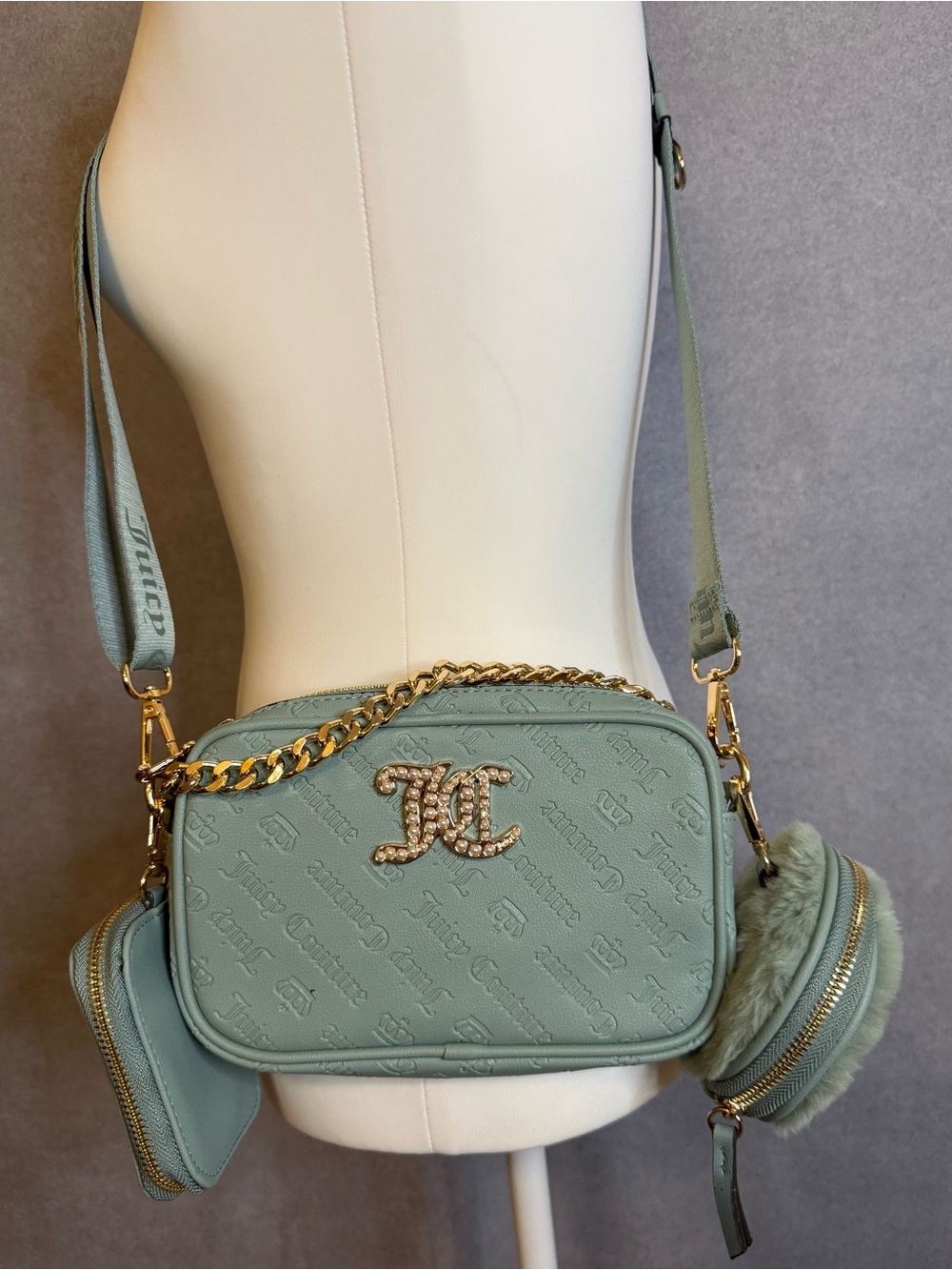 Juicy Couture Sage Green Crossbody Bag w/2 Zip Pouches & Gold Chain Accent